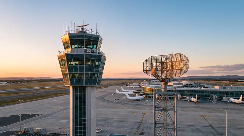 Airport air traffic control tower and radar antenna