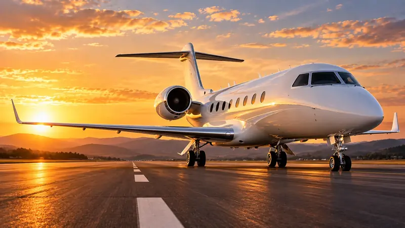 Large-cabin business jet on a runway at sunset