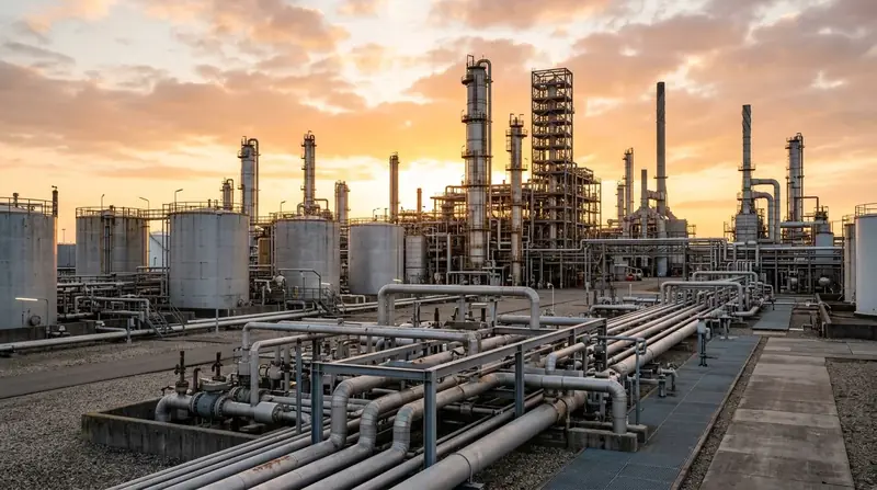 Refinery towers and storage tanks at sunrise